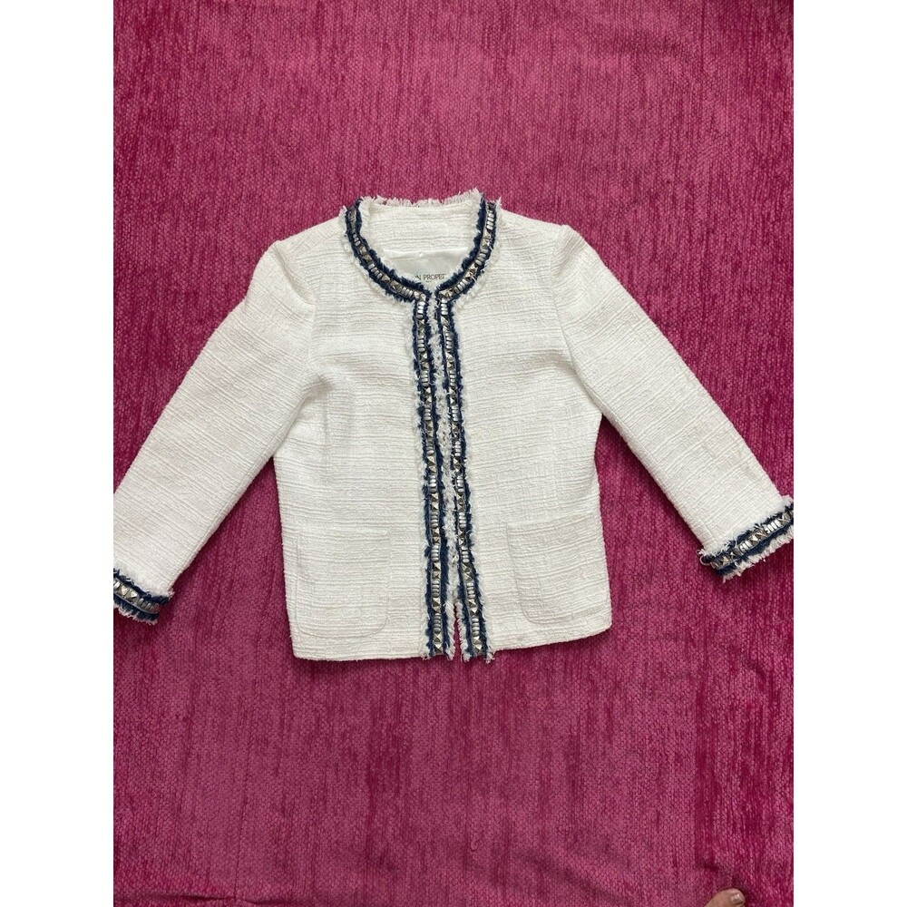 NEW Boston Proper Tweed Blazer Jacket Fringed Embellished White Blue Size 10 - Picture 12 of 12